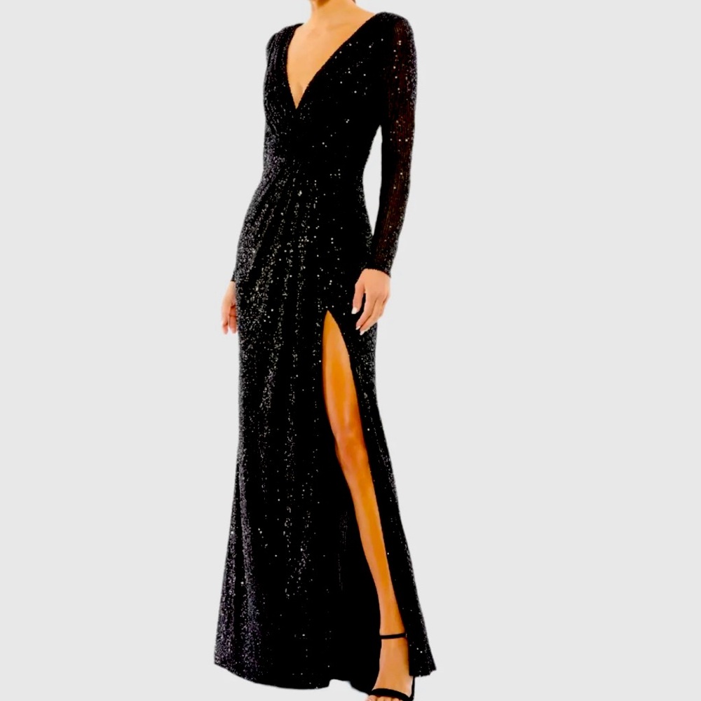 Ieena for Mac Duggal Black Sequined Long Sleeved Gown with High Slit